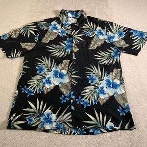 28 Palms Shirt Mens Large Black Blue Hawaiian Floral Silk Button Front‎ Camp